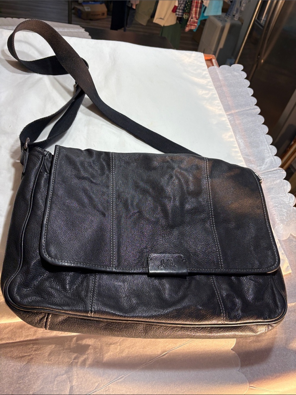 Men's Black Leather Messenger Bag with Adjustable Strap